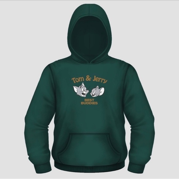 Graphic Print Tom & Jerry Pullover Hoodie Sweatshirt Pouch Pocket Green L - Picture 1 of 12